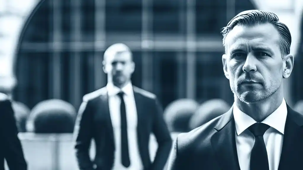 Two man wearing suits - one in focus, the other not - standing outside of office building